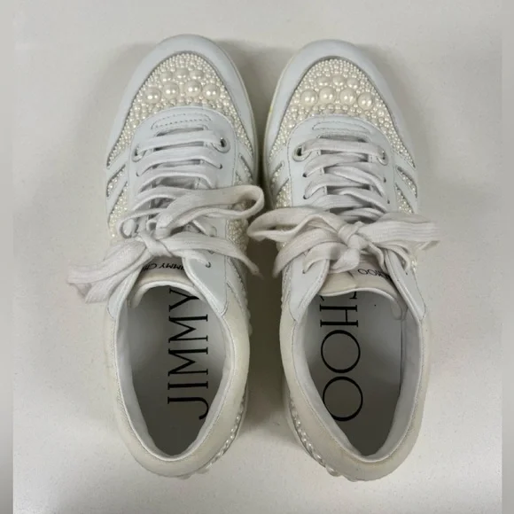 JIMMY CHOO Hawaii Calf Leather/ Canvas White Pearl Women’s Sneakers - Picture 2 of 8